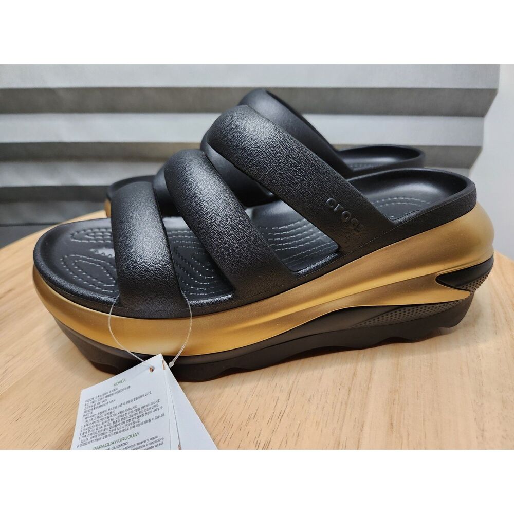 Crocs Mega Crush Metllc Triple Strap Slide Womens Size 9 Black Platform Sandals